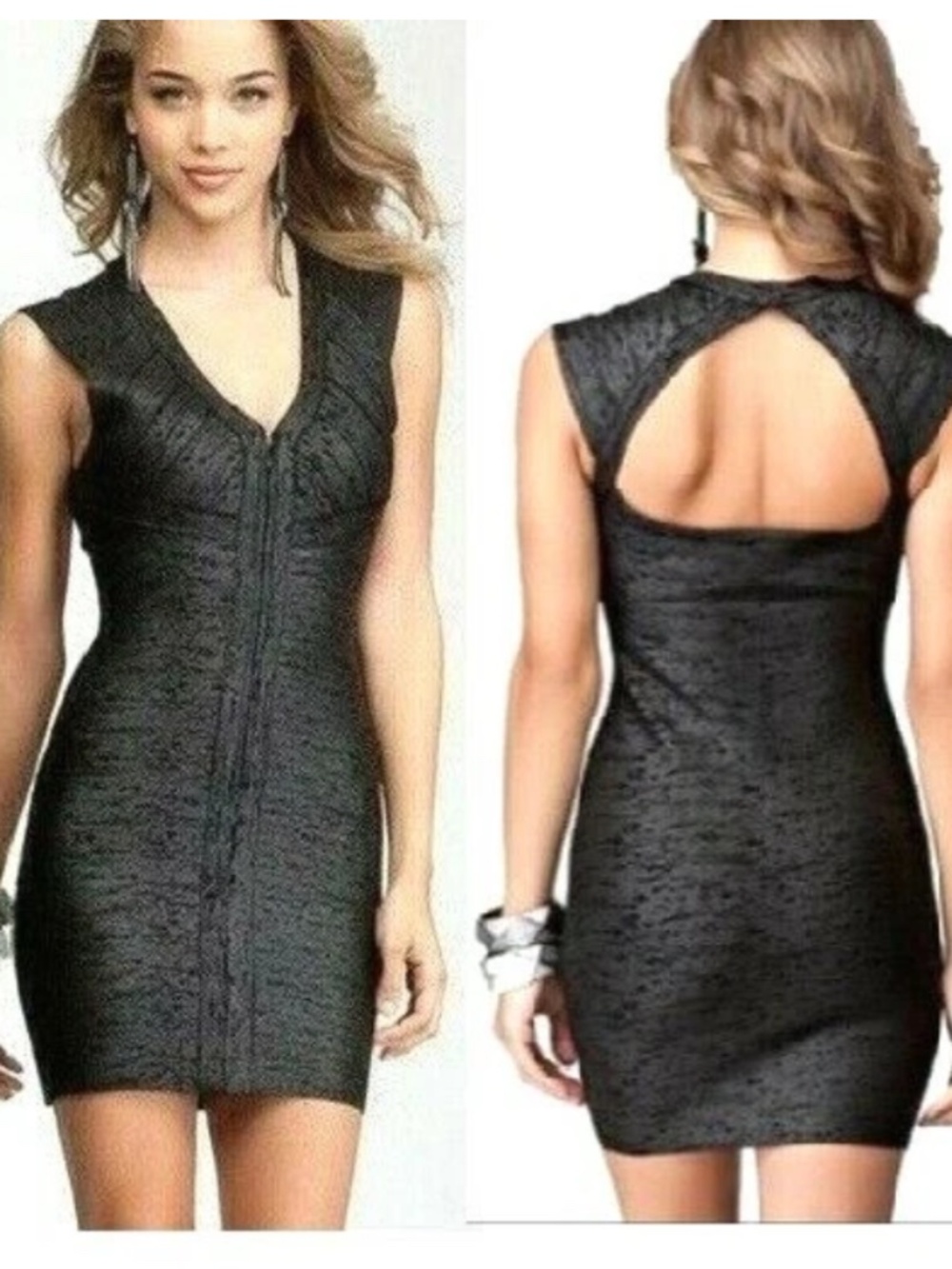 New bebe black foil zipper front cutout back bandage bodycon top dress XS 0 2